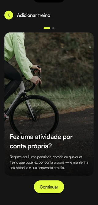 Tela de registro de atividade livre, como pedalada, no app do aluno