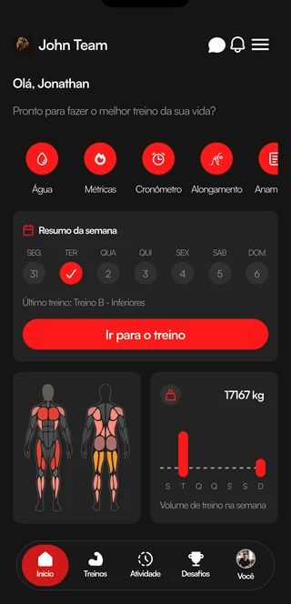 O mesmo app com logo e cores personalizadas por um coach, tela inicial