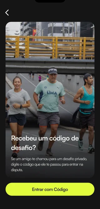 Tela de entrada em desafio por código no app do aluno