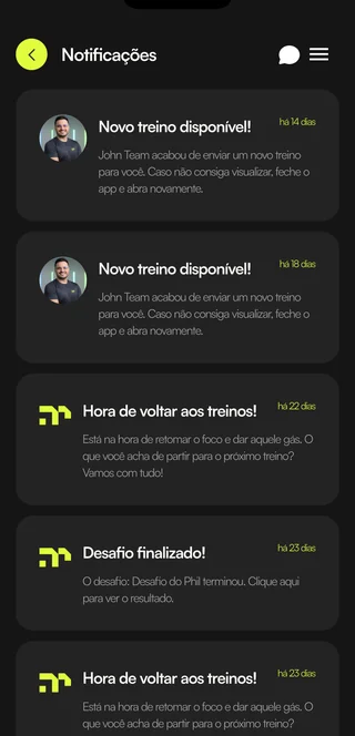 Lista de notificações recebidas pelo aluno no app